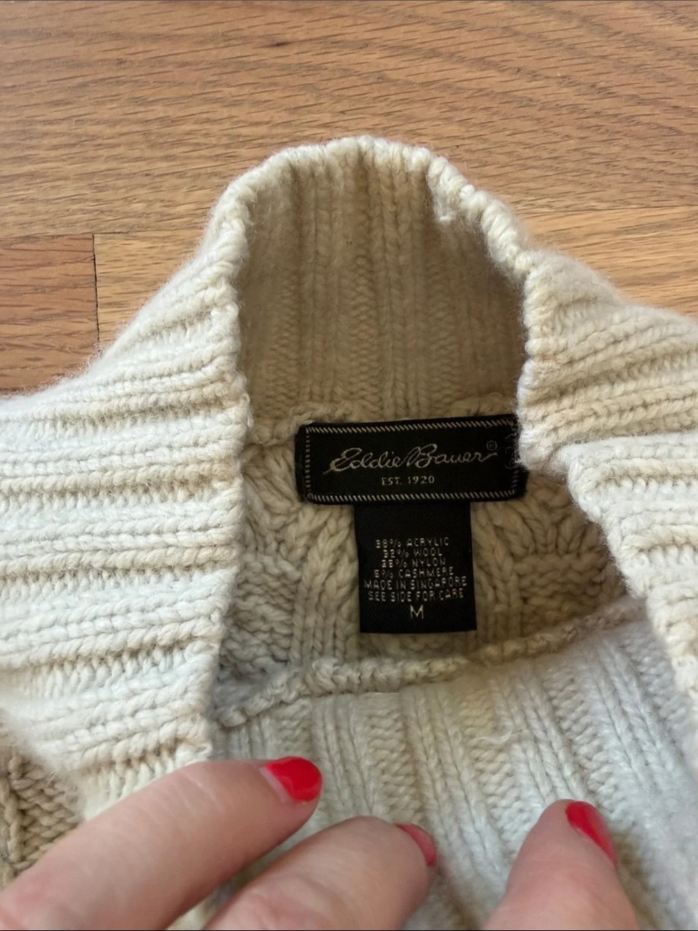 Vintage Eddie Bauer Cable Knit Sweater Unisex (Men’s) Cream Mock Neck Fisherman